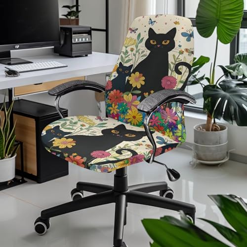 Black Cat Floral Office Chair Covers Stretchable Slipcover for High Back Computer Chair Office Chair Protection